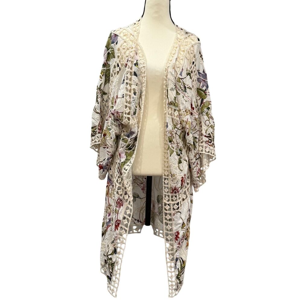 Nicole Miller Floral Bird Print Crochet Kimono Longline Cover Up One Size NWT